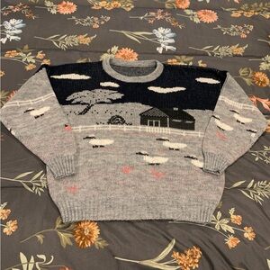 Vintage Unbranded Black White Pink Novelty Sweater Sheep Farm